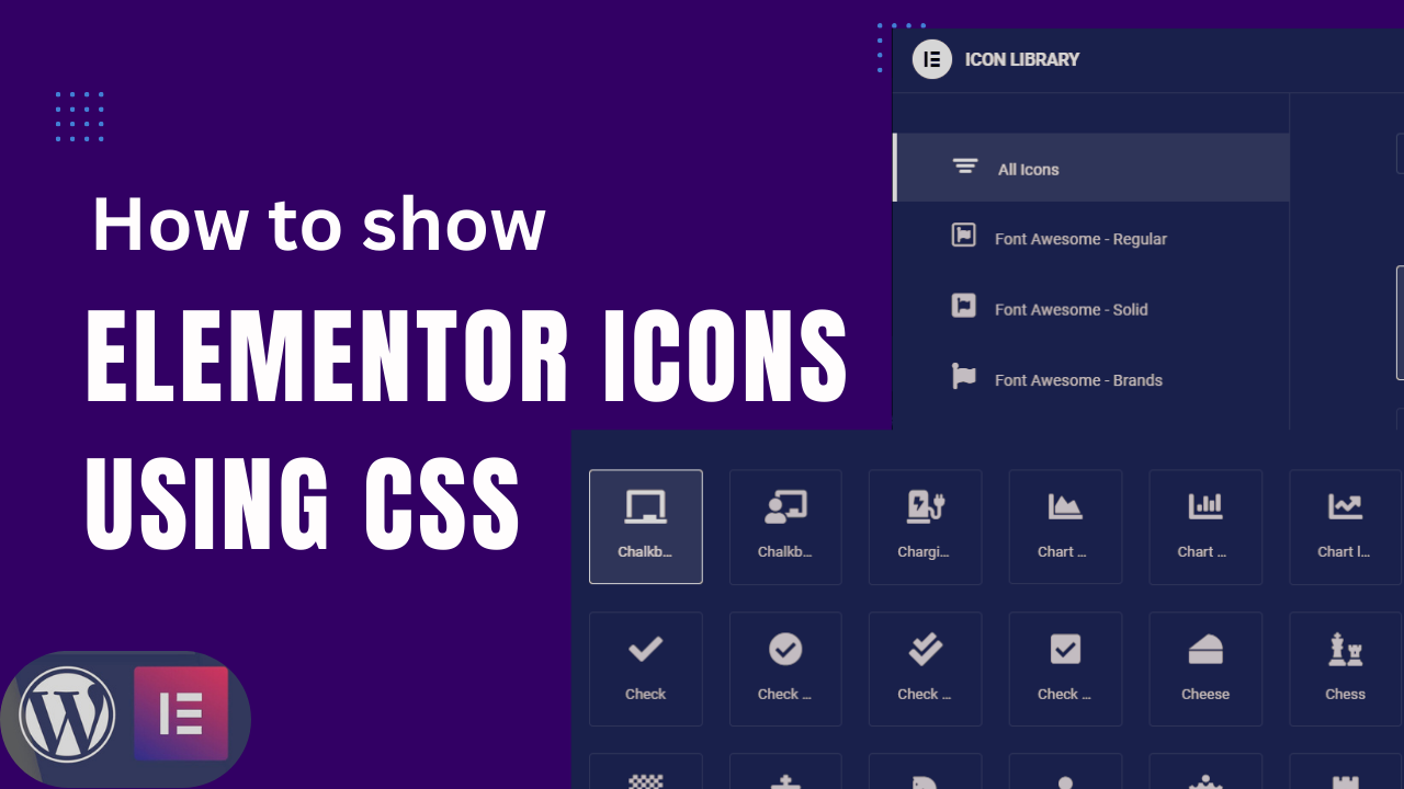 Tutorial on displaying Elementor icons with CSS; shows Font Awesome options and icon examples.